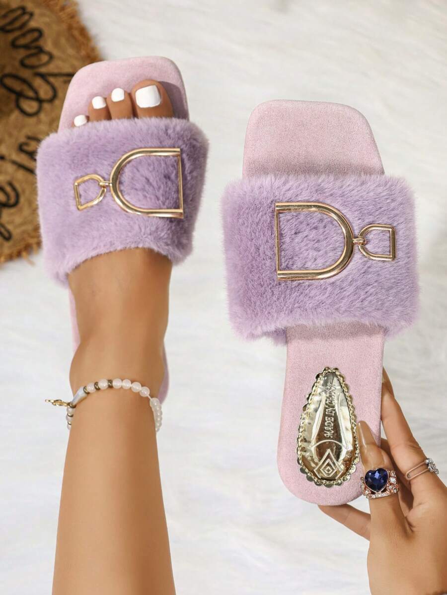 Women's Fashionable Luxury Metal Buckle Plush Flat Square Toe Slide Slippers, Versatile Outdoor Wear, Women's House Slippers - Lilac Purple - View 1