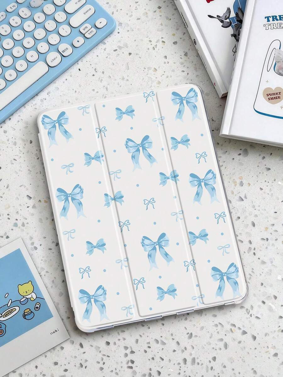 1件裝藍色蝴蝶結波點平板保護殼，相容 iPad Mini 4/5/6/7/Air/Air 2/9.7/10.2/10.5/10.9 (Air 4-Air 8)/Pro 11/10th Gen/A16/Pro 11 2024、Galaxy A8，彩繪圖案軟殼，三折支架，自動休眠/喚醒，內建筆槽，不含筆 - 彩色 - 查看 1