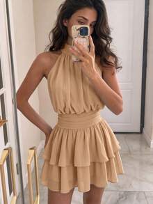 Elegant Fashion Halter Neck Backless Layered Ruffle Mini Dress Wedding Party Fall - Khaki - View 9