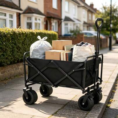 1 stuk kamptrolley, grote capaciteit en sterke draagkracht, opvouwbaar voor ruimtebesparing; uitgerust met universele wielen en uitschuifbare trekstang, draagbaar voor buitengebruik