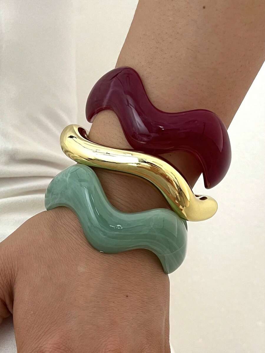 1pc/3pcs Retro Minimalist Wavy Acrylic & CCB Material Colorful Open Bangle Bracelet, Suitable For Women's Daily Wear, Stackable, Perfect Gift Choice For Holidays - Multicolor - View 1