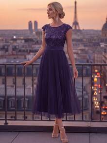 EVERPRETTY Women's Round Neck Ruched Tulle A Line Purple Wedding Guest Dress Suitable For Wedding Evening Formal Mother Of The Bride Dress - Purple - View 5