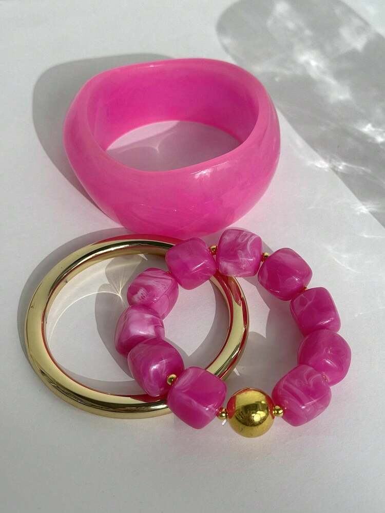 3pcs/1set Bright Rose Red Beaded Resin & Metal Bracelet Set, Y2K Sweet & Cool Women's Jewelry, Suitable For Summer Island Vacation, Travel And Daily Commute Wear - Multicolor - View 3