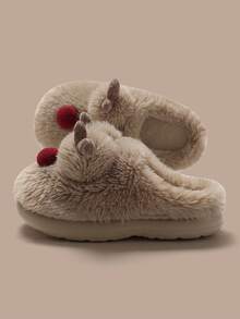 Winter Indoor Women's Thermal Lined Slip-On Slippers With Cartoon 3D Christmas Reindeer Plush Decor, Fuzzy Couple Slippers For Bedroom, Holiday Fun - Light Brown - View 6