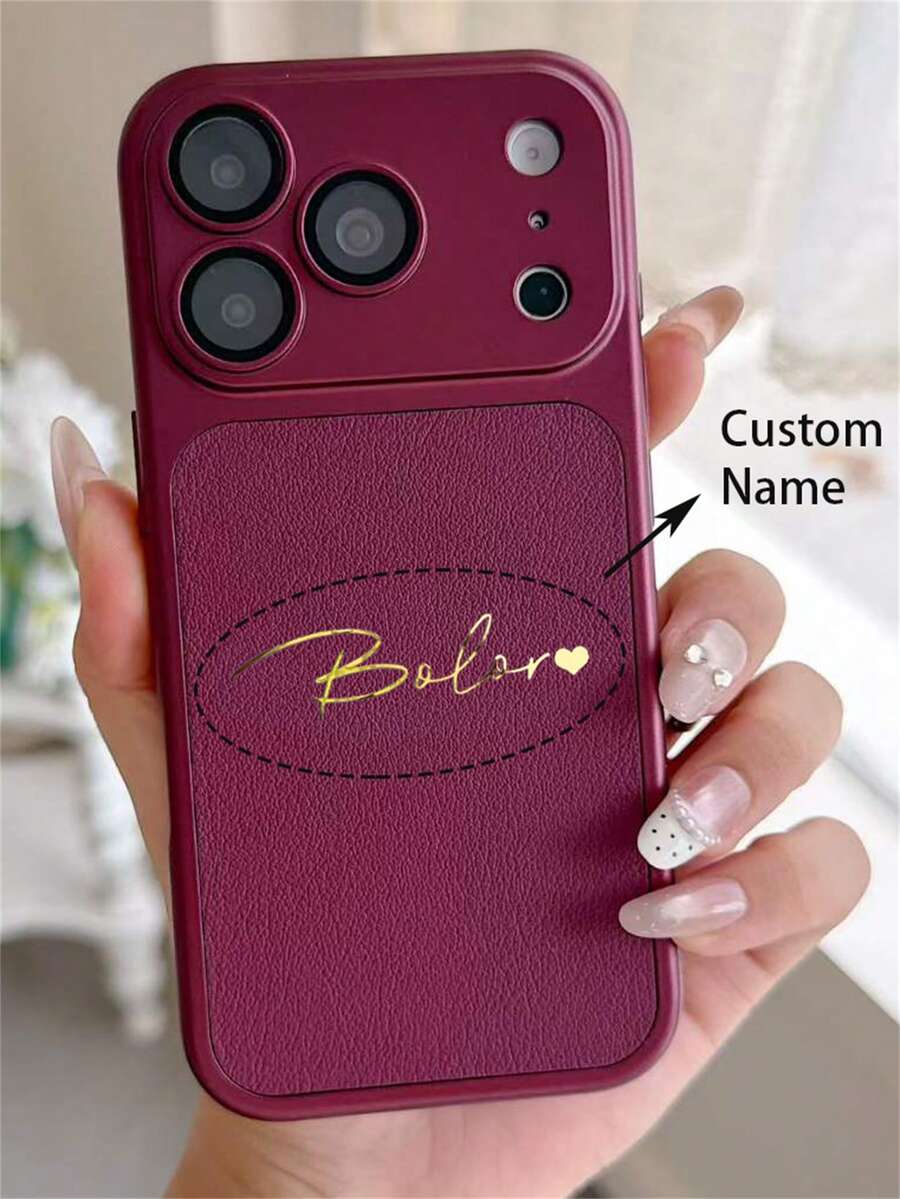 [Kustom] Casing Ponsel Kulit Sintetis Minimalis dengan Ukiran Huruf Kustom, Kompatibel dengan iPhone 18 17 Pro Max 17 Pro 16 15 14 13 12 Pro Max, Casing Pelindung Tahan Guncangan - Burgundy - View 1