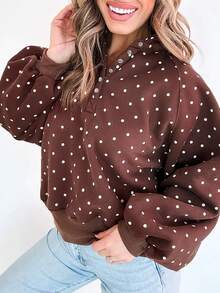 Acelitt Polka Dot Snap Button Collar Raglan Lantern Sleeve Cropped Sweatshirt - Brown - View 2