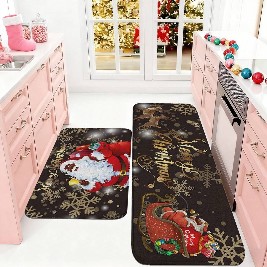 1/2/3pcs Christmas Theme Kitchen Rug, Flannel Kitchen Mat, Soft Comfortable Absorbent Non-Slip Machine Washable With Non-Slip Backing, Suitable For Multiple Scenes: Entrance, Living Room, Bedroom, Kitchen, Dining Room, Bathroom, Laundry Room, Hallway, Christmas Holiday Home Decor Mat - Multicolor - View 1