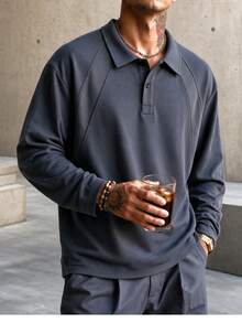 Blueprint Man 1pc Men's Polo Shirt, Gray Long Sleeve Polo Shirt With Classic Collar And 2-Button Placket, Shoulder Mesh Patchwork Detail, Minimalist Casual Style, Suitable For Single Wear Or Layering In Various Occasions - Grey - View 2