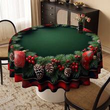 1pc Round Christmas Tablecloth With Plaid And Wreath Pattern, Decorated With Pinecones And Berries, Ideal For Christmas Party - A - View 8