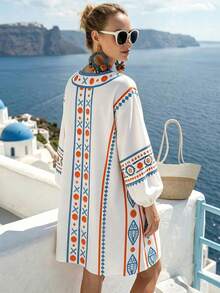 Women's Casual Bohemian Embroidered Long Sleeve Short Asymmetrical Hem Woven Non-Stretch Dress - White - View 3