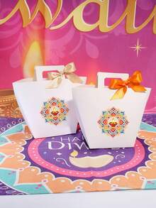 12pcs Diwali Gift Bags With Built-In Handles And Satin Ribbon Bows, Colorful Diya Lamp Mandala Print, White Foldable Paper Packaging For Jewelry, Mini Presents, Festival Favors, Family Gatherings And Guest Giveaways - 12.5X9.5X8cm - View 7