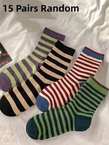 4 Pairs (Random) Women's Striped Mid-Calf Socks, Unique Fashion Versatile, Soft & Comfortable, Medium Thick, Suitable For Daily Wear, Christmas Gift (8/12/15) - Multicolor - View 7