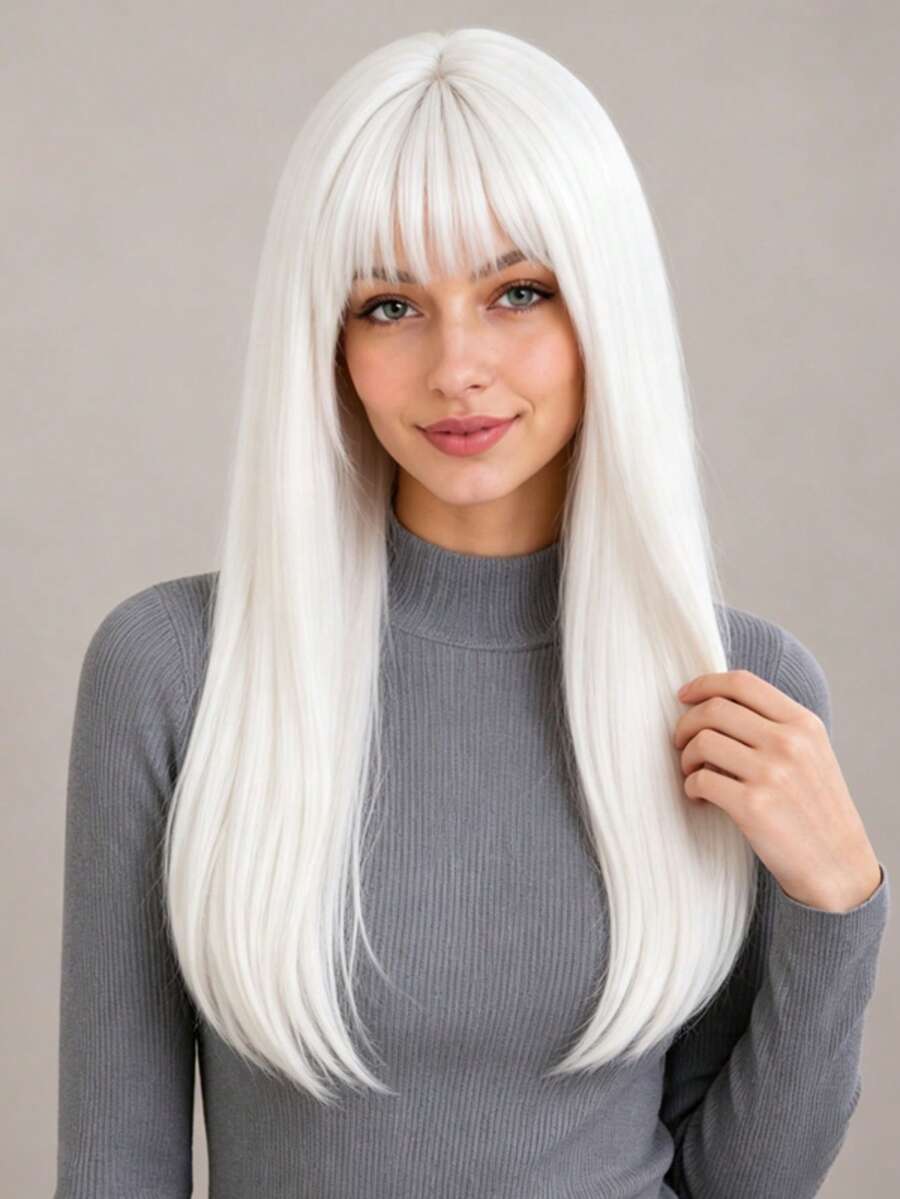 24 Inch White Bangs Women's Wig, Natural Voluminous, Fashionable And Elegant, Suitable For All Women's Daily Wear And Party Events,Halloween - White - View 1
