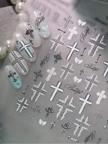 1pc Studs Polka Dots Cross Matrix Nail Art Stickers Gothic Letters Metallic Silver Lace Cross Self-Adhesive Nail Stickers Punk Cross-Shaped Nail Decals - Multicolor - View 8