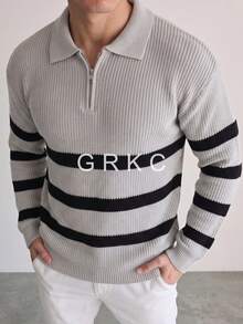 GRKC Men's New Spring Autumn Winter Street Style American Personalized Striped Long Sleeve V-Neck Sweater, Casual Versatile Loose Fit Pullover Knit Top - Grey - View 4