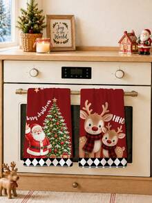 2pcs Christmas Cartoon Cute Reindeer Santa Claus Christmas Tree Illustration Pattern Kitchen Towels, Soft Polyester Material Dish Cloths, Suitable For Kitchen Decor, Kitchen Cleaning, Holiday Party Decoration, Kitchen Bathroom Supplies Home Essentials, Home Decor, Housewarming Gift - Multicolor - View 7