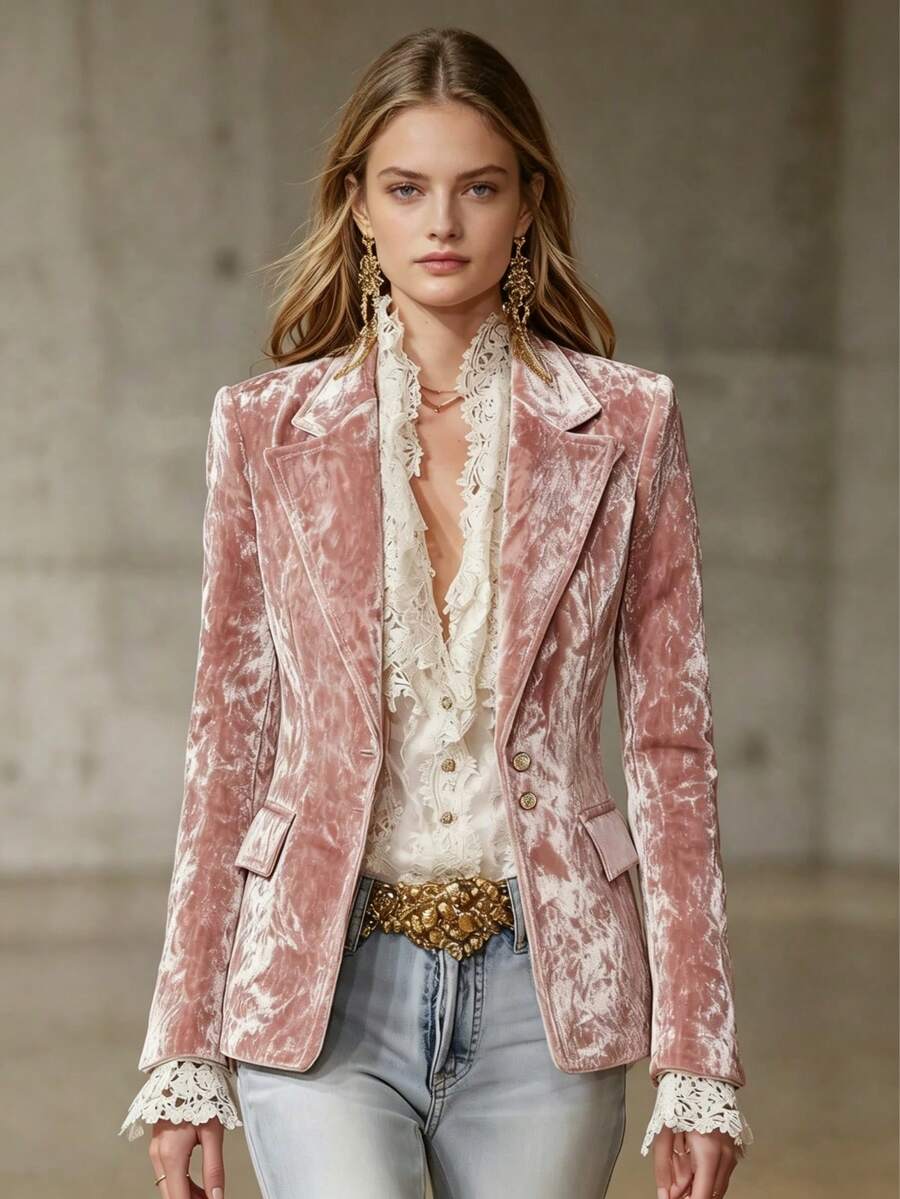 1pc Women's Fashionable Single-Breasted Blazer Jacket, Suitable For Daily Commute, Gatherings, And Parties, With Lining Spring Pink Fall