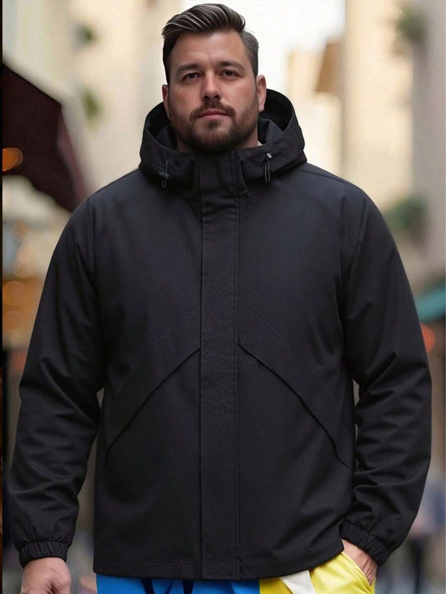 Plus Size Men's Lightweight Zip-Up Hooded Jacket, Casual Outdoor Spring/Autumn - الأسود - مشاهدة 1
