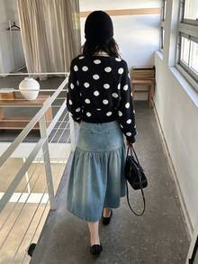 秋冬極簡波點針織抹胸上衣與慵懶長袖開襟衫女款兩件套 - 黑色 - 查看 8