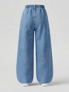 1pc Girls Spring/Autumn Denim Jeans, Asymmetrical Rolled Waistband Single Button Design Loose Wide Leg Denim Pants - Medium Wash - View 5