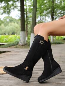 Sepatu Bot Tinggi Wanita Bertumit Wedges dengan Hiasan Gesper Logam, Resleting Samping, Sol Tebal, Gaya Komuter Retro, Sepatu Bot Panjang Musim Gugur/Dingin - Hitam - View 2