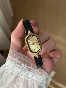 Gold Dial Black Adjustable PU Strap Women's Quartz Watch, Minimalist Design, Mixed Markers, Classic Style, Suitable For Daily Wear - Black - View 6