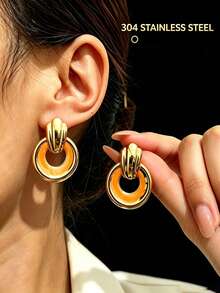 1pc/Fashion Old Money Style Stainless Steel Enamel Door Ring Pendant Earrings Suitable For Women Daily Commute, Light Business Wear Jewelry Gift - 33794-ear-go - View 2