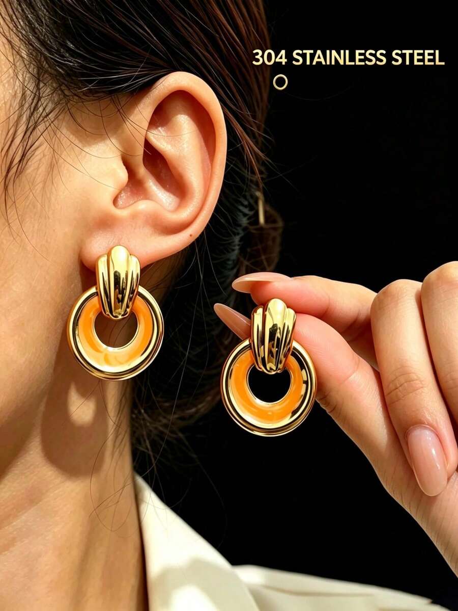 1pc/Fashion Old Money Style Stainless Steel Enamel Door Ring Pendant Earrings Suitable For Women Daily Commute, Light Business Wear Jewelry Gift