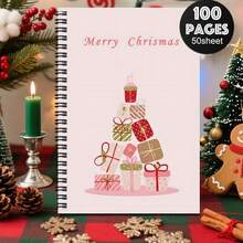 A5 Spiral Notebook, 100 Pages, 50 Sheets, 2D Flat Christmas Gift Box Tree Lid Pattern Cover, Wire-O Binding Lined Notebook, Holiday Theme Stationery, Back To School Supplies, Christmas Gift Notebook - Minimalist Christmas Style - View 3