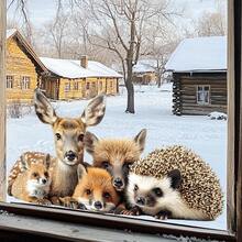 1pc Christmas Snowy Landscape Animal Window Sticker, Deer Fox Hedgehog Christmas Tree Snow Scene Glass Decor Sticker - Multicolor - View 9