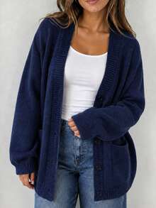Women's Plus Size Knit Cardigan, Button Front With Shawl Collar, Dropped Shoulder Long Sleeve, Regular Length, Perfect For Vintage Winter Fashion - Blue - View 6
