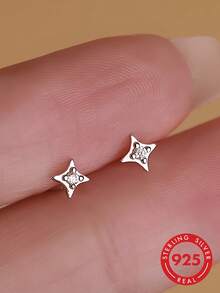 1 Pair S925 Sterling Silver Lively Cute Petite Star Stud Earrings For Women, Minimalist Fresh Ins Style Cartilage Earrings, Niche Gentle Sweet Cool Versatile Casual Party Holiday Vibe Accent Ear Jewelry - Star - View 3