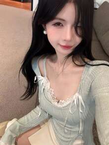 Women's Long Sleeve Knit Sweater, Slim Fit Inner Layer, Lace Bow Camisole Top, 2 Pieces Set, Autumn/Winter - Green - View 5