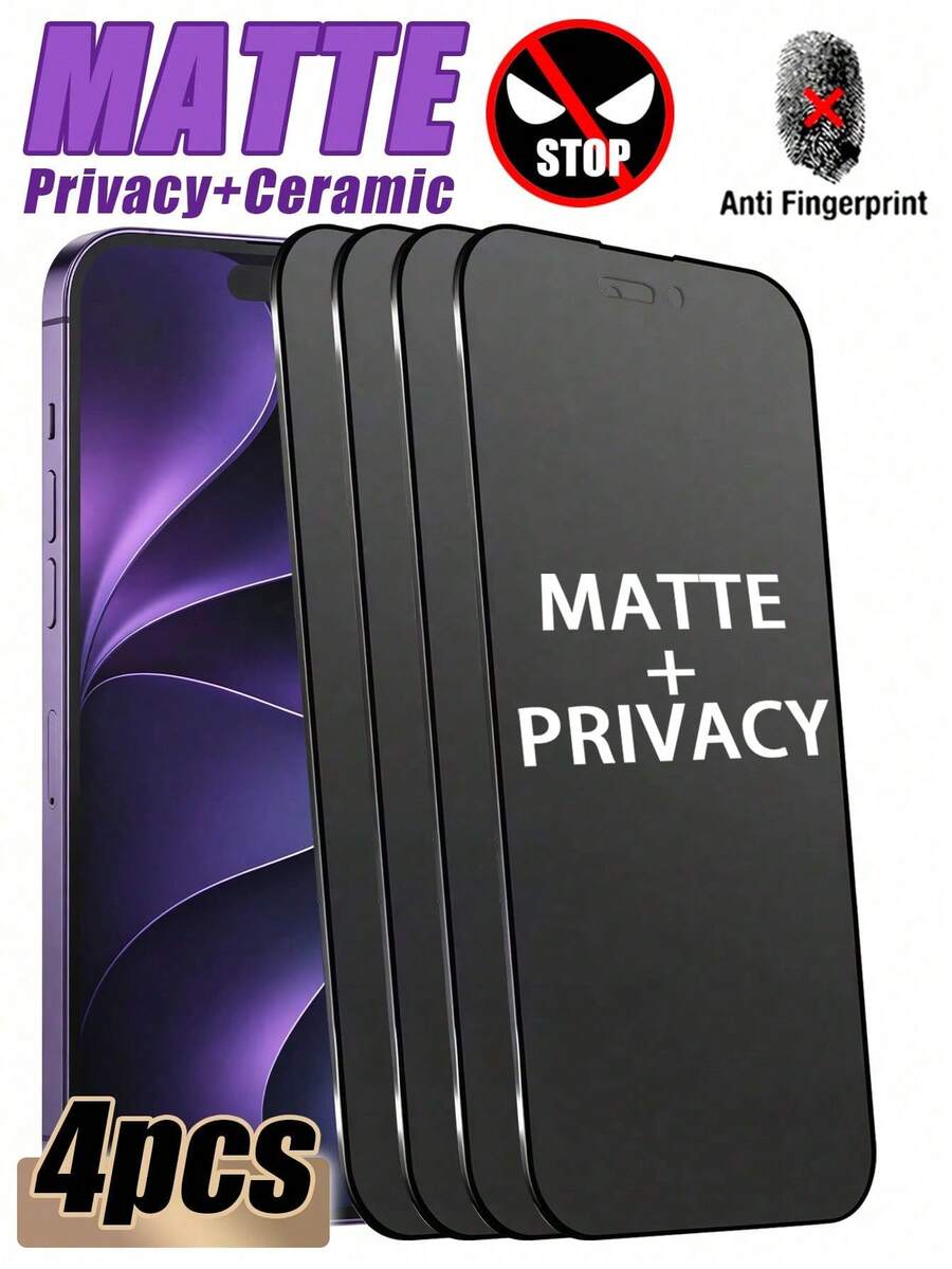 4pcs Ceramic Matte Anti-Peeping Screen Protector, Compatible With IPhone Ultra/18 Pro Max/18 Pro/18/17 Pro Max/17 Pro/17 Air/17/16 Pro Max/16 Pro/16 Plus/16/15 Pro Max/15/14/13/12 And Other Models, Smooth Touch Without Lag, Matte Texture For More Silky Operation, Precise Cutout Design For Easy Application And No Interference With Protective Case, Significant Anti-Peeping Effect, Water-Resistant, Fingerprint-Resistant, Sweat-Resistant, Clean And Fresh, Phone Accessories - Black - View 1
