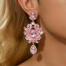 Women's Pink Flower Rhinestone Dangle Earrings, Zinc Alloy Lightweight Luxury Large Sparkling Diamond Drop Earrings, Wedding Party Accessories - Pink - View 2