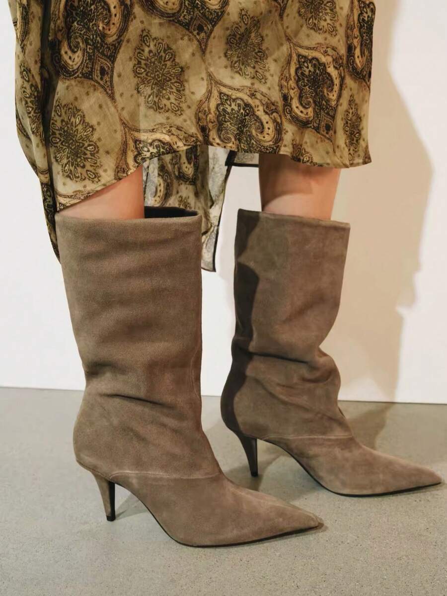 Plus Size Elegant Women's Pointed Toe Stiletto High Heel Slouch Mid-Calf Boots, Slip-On Ruched Shaft Solid Color Fashion Shoes, Suitable For Street, Party, Daily Wear In Autumn/Winter - Khaki - View 1