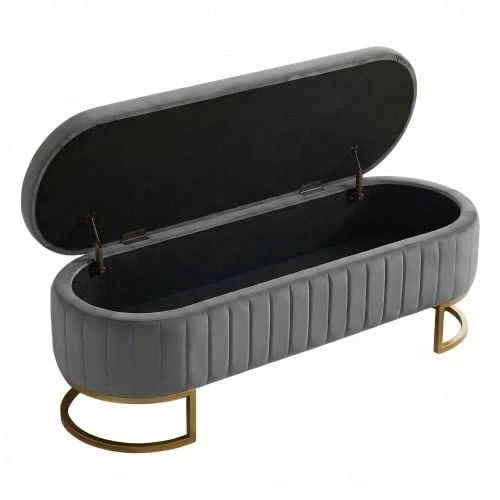 Velvet Storage Bench 130 Cm - Gold Metal Legs - Upholstered Storage Bench For Bedroom Hallway Living Room - Light Grey - View 1