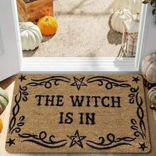 1pc "Witch Here" Magic Doormat, Plush Material, 0.4 Inch Thick, 1.28 Lbs, Brown Base With Black Stars And Spell Design, Suitable For Halloween - Apricot - View 1