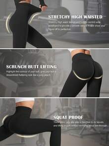 Women's Seamless Knit High-Waist Leggings, Tummy Control & Butt-Flattering Design, Soft & High-Elastic Fabric, Suitable For Gym, Running, Sports, Black Tight-Fitting Long Pants - Black - View 5