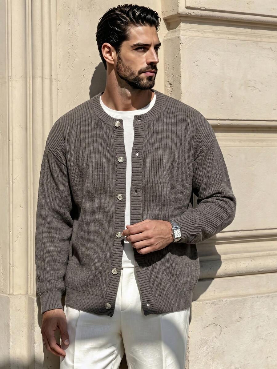 26 New Solid Color Vintage Textured Round Neck Cardigan, Unisex Long Sleeve Sweater Jacket, Khaki Short Open Front Sweater For Autumn & Winter - Khaki - View 1