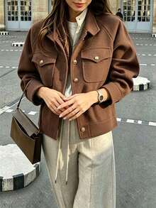 Autumn/Winter New Deep Coffee Color Stand Collar Raglan Sleeve Metal Button Double Pocket Short Jacket Casual Elegant Commute Style Vacation Daily Office Travel Date - Brown - View 4