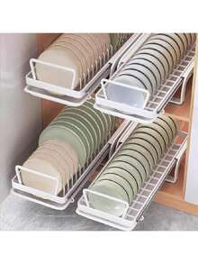 1-Piece White Silent Steel Ball Slide Pull-Out Dish Rack, Kitchen Countertop Storage Cabinet Utensil Organizer, Bowl And Plate Drying Rack, Convenient Pull-Out Design, No-Drill Cutlery Rack With Drip Tray, Home Countertop Bowl And Chopstick Storage Rack, Dish Drainage Design, Kitchen Drawer Pull-Out Plate Organizer - White - View 8