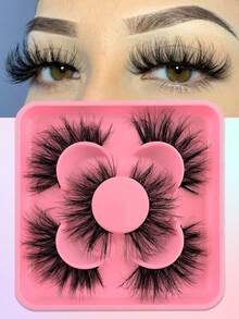 3 Pairs Fluffy Thick False Eyelashes, Create 3D Makeup Look, Fine Faux Mink Strip Lashes - Black - View 1