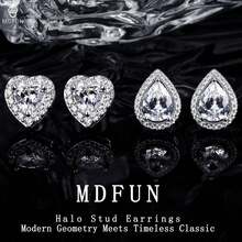 MDFUN 1/2pcs 18K White Gold Plated Round & Square Zirconia Cubic Diamond Halo Stud Earrings - Silver - View 5