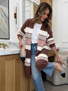 Women Casual Multi Color Fall Striped Knit Cardigan, Long Sleeve Open Front Loose Midi Daily Outerwear - Multicolor - View 5