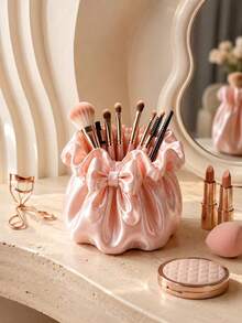 1pc Drawstring Satin Large Bow Makeup Brush Storage Bucket, Elegant Desktop Cosmetic Organizer, Vanity Bathroom Decor Makeup Storage Box, Multifunctional Storage Bucket For Beauty Tools And Small Accessories, Bathroom Accessories, Toothbrush - Multicolor - View 4