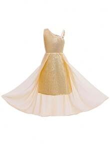 Tween Girls Asymmetrical Shoulder Ruffle Overlay Sequin Decorated Formal Dress - Gold - View 4
