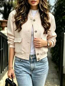 Women's Fall Winter Elegant Bomber Jacket Beige Long Sleeve Clothes Solid Causal Button Up Coat Autumn Going Out Outfits - Apricot - View 5