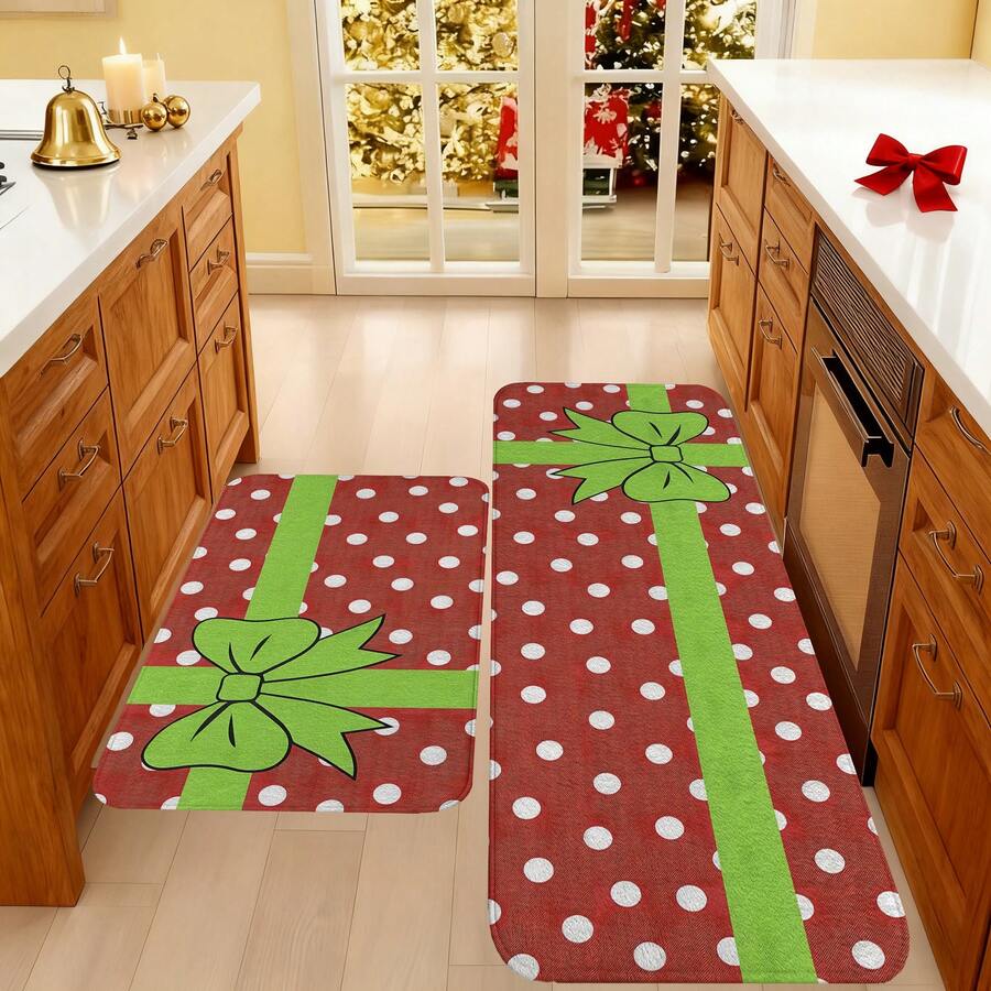 1/2/3pcs Christmas Theme Kitchen Rugs, Flannel Kitchen Rugs Comfortable Soft Absorbent Non-Slip Machine Washable With Non-Slip Backing Suitable For Multiple Scenes Entrance Living Room Bedroom Kitchen Dining Room Bathroom Laundry Room Hallway Christmas Holiday Home Decor Mat - Multicolor - View 1