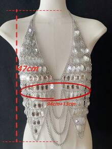 ZHENGHEN Shiny Transparent Crystal Halter Body Chain Top, Multi-Layer Silver Chain Fringe Chest Body Chain, Nightclub Festival Party Outfit Body Jewelry - Silver - View 6
